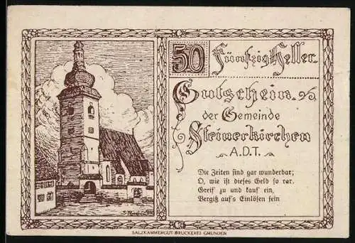 Notgeld Steinerkirchen 1920, 50 Heller, Kirche und dekoratives Muster