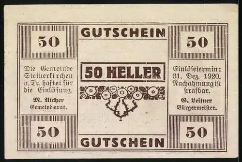 Notgeld Steinerkirchen 1920, 50 Heller, Kirche und dekoratives Muster