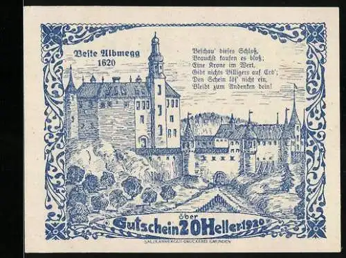 Notgeld Steinerkirchen 1920, 20 Heller, Schlossansicht und Verzierungsmuster