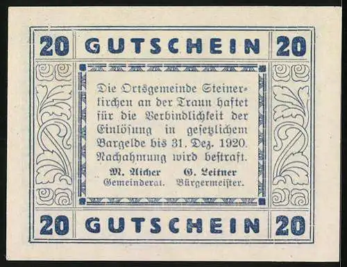 Notgeld Steinerkirchen 1920, 20 Heller, Schlossansicht und Verzierungsmuster