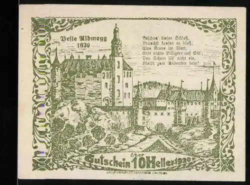 Notgeld Steinerkirchen 1920, 10 Heller, Schloss Almegg und Text, florales Muster