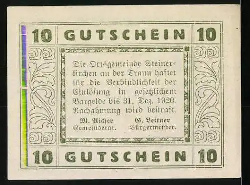 Notgeld Steinerkirchen 1920, 10 Heller, Schloss Almegg und Text, florales Muster