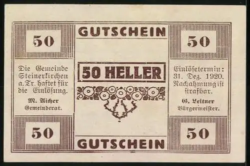 Notgeld Steinerkirchen 1920, 50 Heller, Kirche und Schriftzüge