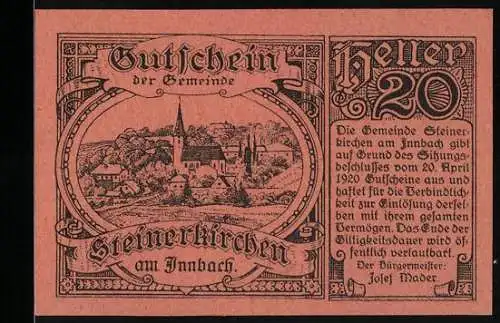 Notgeld Steinerkirchen am Innbach, 20 Heller, Dorflandschaft mit Kirche, 1920