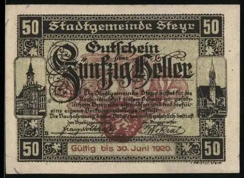 Notgeld Steyr 1920, 50 Heller, Stadtansichten und Wappen, gültig bis 30. Juni 1920