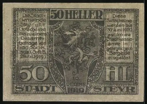 Notgeld Steyr 1920, 50 Heller, Stadtansichten und Wappen, gültig bis 30. Juni 1920