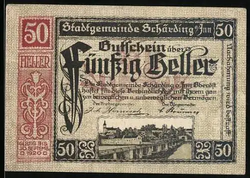 Notgeld Schärding 1920, 50 Heller, Stadtansicht und Architekturmotiven, Stadtsiegel