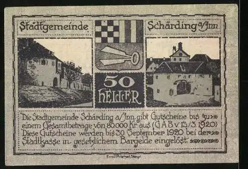 Notgeld Schärding 1920, 50 Heller, Stadtansicht und Architekturmotiven, Stadtsiegel