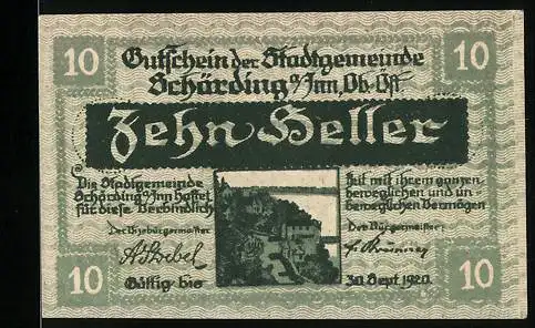 Notgeld Schärding 1920, 10 Heller, Stadtansicht und Wappen, gültig bis 30. September 1920