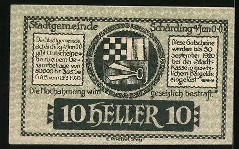 Notgeld Schärding 1920, 10 Heller, Stadtansicht und Wappen, gültig bis 30. September 1920