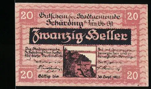 Notgeld Schärding 1920, 20 Heller, Burgansicht und Stadtwappen