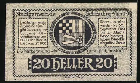 Notgeld Schärding 1920, 20 Heller, Burgansicht und Stadtwappen