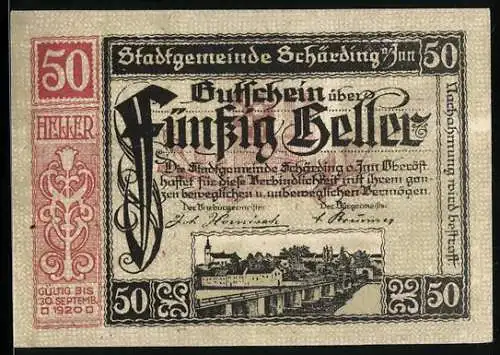 Notgeld Schärding am Inn 1920, 50 Heller, Stadtansichten und Wappen, gültig bis 30. September