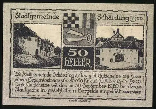 Notgeld Schärding am Inn 1920, 50 Heller, Stadtansichten und Wappen, gültig bis 30. September