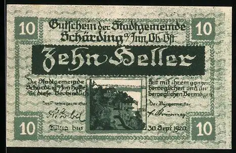 Notgeld Schärding 1920, 10 Heller, Stadtansicht und Wappen