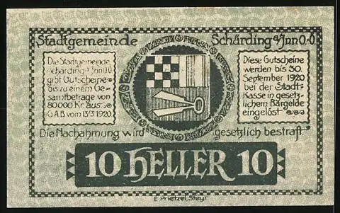 Notgeld Schärding 1920, 10 Heller, Stadtansicht und Wappen