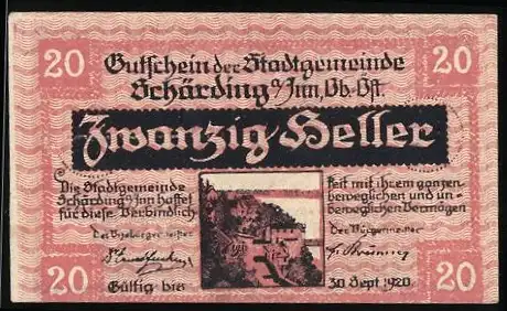 Notgeld Schärding 1920, 20 Heller, Stadtansicht und Stadtwappen