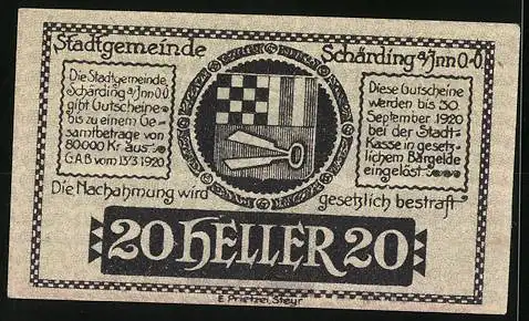 Notgeld Schärding 1920, 20 Heller, Stadtansicht und Stadtwappen