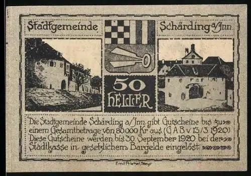 Notgeld Schärding 1920, 50 Heller, Motive von Gebäuden und Flussansicht, Stadtwappen und Seriennummer