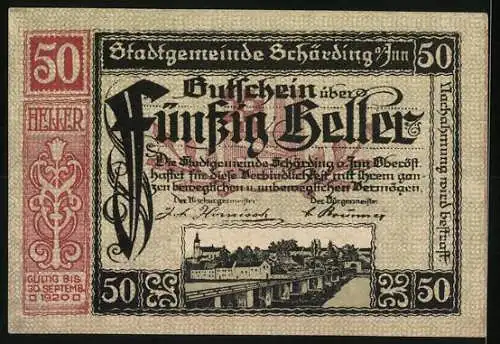 Notgeld Schärding 1920, 50 Heller, Motive von Gebäuden und Flussansicht, Stadtwappen und Seriennummer