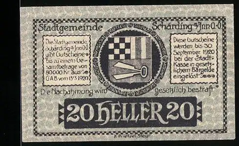 Notgeld Schärding 1920, 20 Heller, Stadtwappen und Landschaftsmotiv