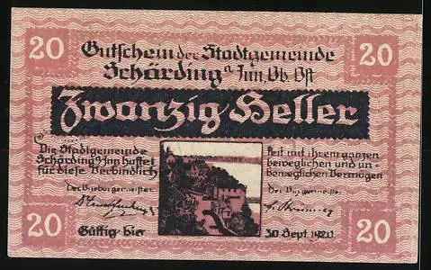 Notgeld Schärding 1920, 20 Heller, Stadtwappen und Landschaftsmotiv