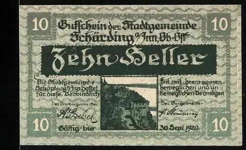 Notgeld Schärding 1920, 10 Heller, Stadtansicht und Stadtwappen