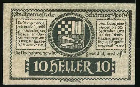 Notgeld Schärding 1920, 10 Heller, Stadtansicht und Stadtwappen