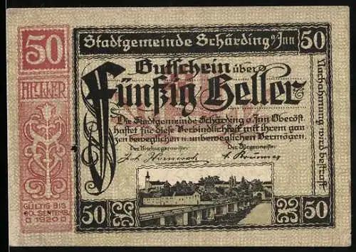 Notgeld Schärding 1920, 50 Heller, Stadtansichten und Wappen, gültig bis 30. September 1920