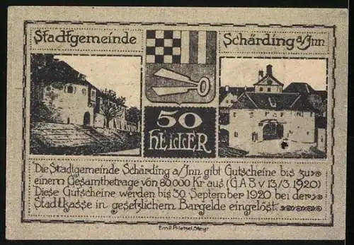 Notgeld Schärding 1920, 50 Heller, Stadtansichten und Wappen, gültig bis 30. September 1920