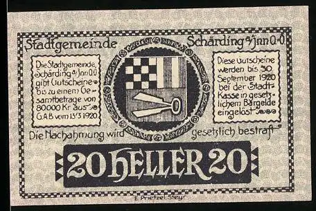 Notgeld Schärding 1920, 20 Heller, Stadtansicht und Wappen, gültig bis 30. September 1920