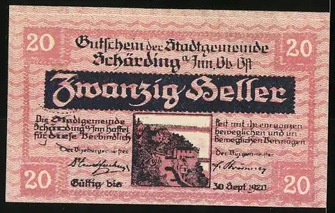 Notgeld Schärding 1920, 20 Heller, Stadtansicht und Wappen, gültig bis 30. September 1920