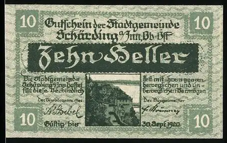 Notgeld Schärding 1920, 10 Heller, Stadtansicht und Stadtwappen, gültig bis 30. September 1920