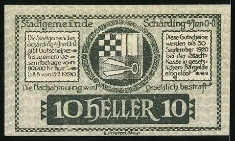 Notgeld Schärding 1920, 10 Heller, Stadtansicht und Stadtwappen, gültig bis 30. September 1920