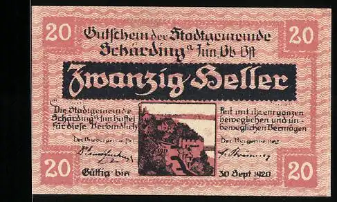 Notgeld Schärding 1920, 20 Heller, Stadtansicht und Wappen mit Schlüsselmotiv