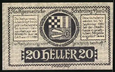 Notgeld Schärding 1920, 20 Heller, Stadtansicht und Wappen mit Schlüsselmotiv