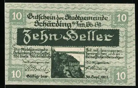 Notgeld Schärding 1920, 10 Heller, Stadtansicht und Stadtwappen