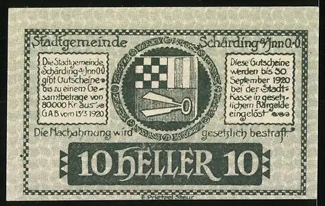 Notgeld Schärding 1920, 10 Heller, Stadtansicht und Stadtwappen