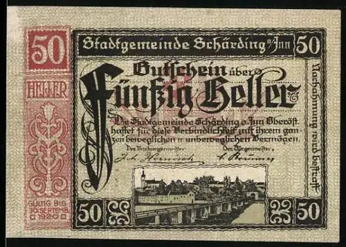 Notgeld Schärding am Inn 1920, 50 Heller, Stadtansicht und Gebäudeabbildungen