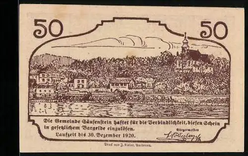 Notgeld Säusenstein 1920, 50 Heller, Stadtansicht und historische Figurenszene