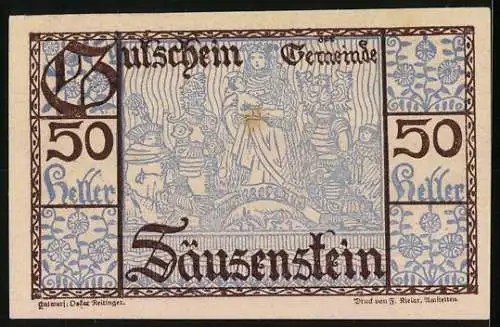 Notgeld Säusenstein 1920, 50 Heller, Stadtansicht und historische Figurenszene