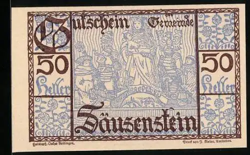 Notgeld Säusenstein 1920, 50 Heller, historische Szene mit Figuren und Dorflandschaft