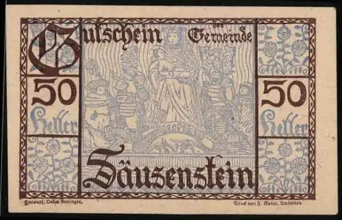 Notgeld Säusenstein 1920, 50 Heller, historische Stadtansicht und florales Motiv