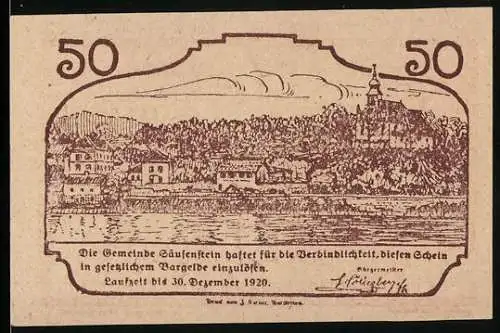 Notgeld Säusenstein 1920, 50 Heller, Landschaft mit Schloss und dekorativer Schriftzug