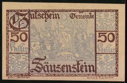 Notgeld Säusenstein 1920, 50 Heller, Landschaft mit Schloss und dekorativer Schriftzug