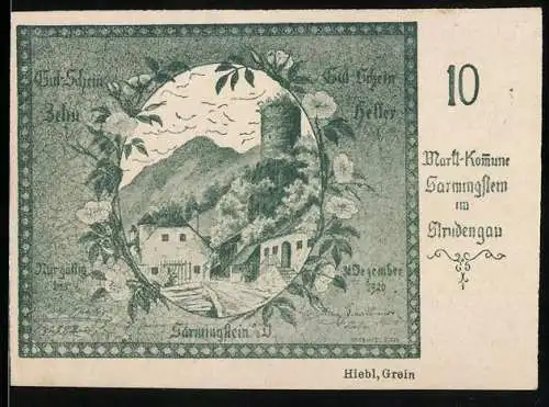 Notgeld Sarmingstein 1920, 10 Heller, ländliche Szenerie mit Burg und Blumenornamenten