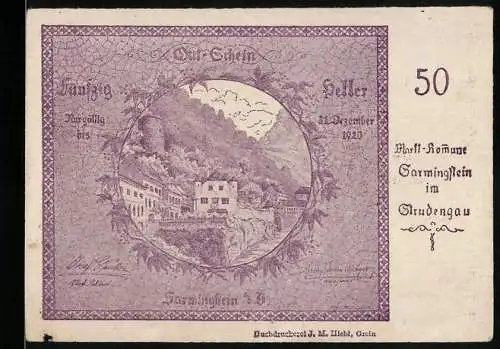 Notgeld Sarmingstein 1920, 50 Heller, Landschaftsansicht mit Gebäuden und Bergen