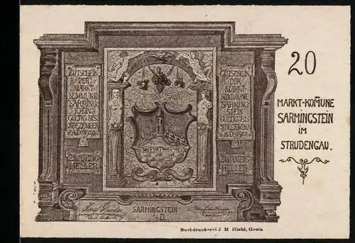 Notgeld Sarmingstein 1920, 20 Heller, dekorativer Rahmen mit Wappen und Inschrift, violetter Stempel auf Rückseite