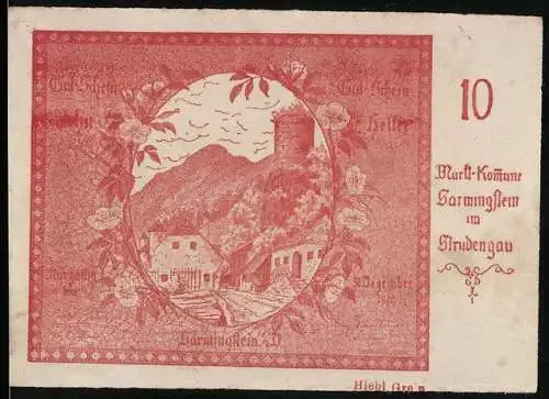 Notgeld Sarmingstein 1920, 10 Heller, Landschaft mit Burg und Häusern, lila Stempel Markt-Kommune Sarlingstein