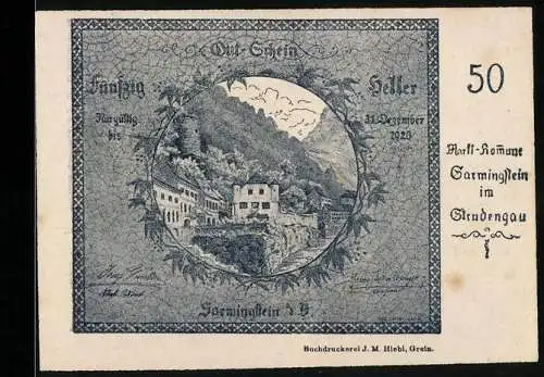 Notgeld Sarmingstein 1920, 50 Heller, Landschaft mit Gebäuden und Bergen